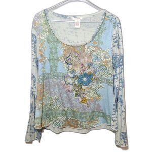 Sundance Embroidered Beaded Sequin Neckline Printed Top L